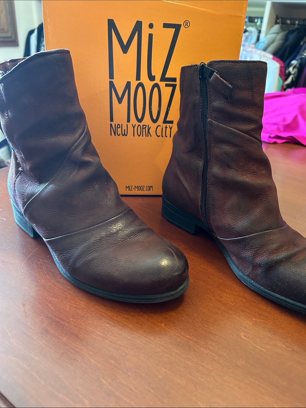Women’s Miz Mooz Dark red distressed Leather Slouchy Ankle Boots with Side Zip